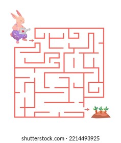 Vector color labyrinth. Educational maze with cute cartoon rabbit looking for a carrot to water it. Interesting game for children and teenagers.