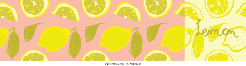 Vektorfarbenlemon-nahtloses Muster. Zitrusfrüchte-Hintergrund auf rosafarbenem Hintergrund. Illustration von handgezeichneten Zitronen. Kosmetische Etikettenvorlage mit Zitronenemblem grünen Blättern. Botanisches Stoffmuster.