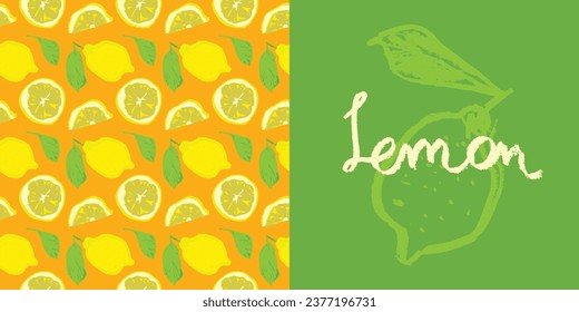 Vector color lemon seamless pattern. Citrus fruit backdrop on orange background. Hand drawn lemons illustration. Cosmetic label template with lemon emblem green leaves. Botanical fabric pattern.