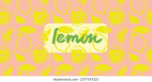 Vector color lemon seamless pattern. Citrus fruit backdrop on pink background. Hand drawn lemons illustration. Cosmetic label template with lemon emblem green leaves. Botanical fabric pattern.