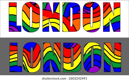 Vector color lettering london with pattern
in style of lgbt community. Fashionable name of city
in colors of rainbow. Print for t shirt. 
Bright summer ornament isolated on white background.