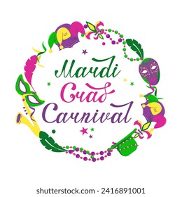 Vektorfarbenprägung für Mardi Gras Carnival.Mardi Gras Party Design. Sammlung französischer traditioneller Mardi-Gras-Symbole. Bild der Maske, Perlen, Federn und Hüte des Urlaubs.
