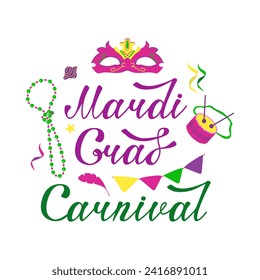 Vector color lettering for Mardi Gras carnival.Mardi gras party design. Collection of french traditional mardi gras symbols. Image of the mask, beads, feathers and hats of the holiday.
