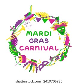 Vektorfarbenprägung für Mardi Gras Carnival.Mardi Gras Party Design. Sammlung französischer traditioneller Mardi-Gras-Symbole. Bild der Maske, Perlen, Federn und Hüte des Urlaubs.
