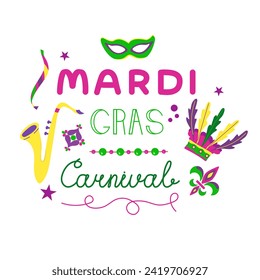 Vektorfarbenprägung für Mardi Gras Carnival.Mardi Gras Party Design. Sammlung französischer traditioneller Mardi-Gras-Symbole. Bild der Maske, Perlen, Federn und Hüte des Urlaubs.
