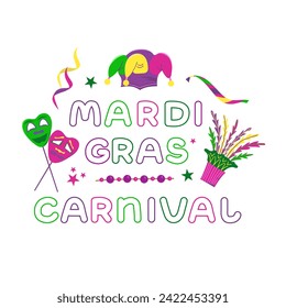 Vektorfarbenprägung für Mardi Gras Carnival.Mardi Gras Party Design. Sammlung französischer traditioneller Mardi-Gras-Symbole. Bild der Maske, Perlen, Federn und Hüte des Urlaubs.
