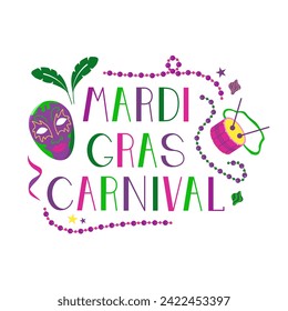 Vector color lettering for Mardi Gras carnival.Mardi gras party design. Collection of french traditional mardi gras symbols. Image of the mask, beads, feathers and hats of the holiday.
