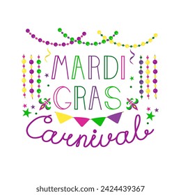 Vektor-Farbe Schriftzug für Mardi Gras Karneval.Mardi Gras Party Design. Sammlung von französischen traditionellen Mardi-Gras-Symbolen. Bild der Maske, Perlen, Federn und Hüte des Urlaubs.
