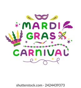 Vektor-Farbe Schriftzug für Mardi Gras Karneval.Mardi Gras Party Design. Sammlung von französischen traditionellen Mardi-Gras-Symbolen. Bild der Maske, Perlen, Federn und Hüte des Urlaubs.
