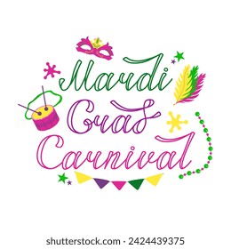 Vector color lettering for Mardi Gras carnival.Mardi gras party design. Collection of french traditional mardi gras symbols. Image of the mask, beads, feathers and hats of the holiday.
