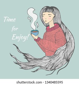 Vector color line art with a beautiful girl drinks 
hot drink. Women with long white hair. Girl with a cup. Winter cute sketch. Doodle illustration. Tea or coffee time.