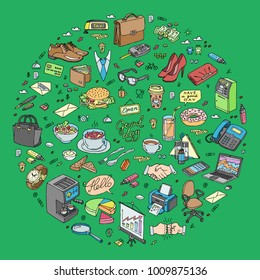 Vector color line illustration of day in circle shape. Handmade doodle sketch set with work day and business lunch objects in green background. Drawing icons with lunch, office, money, fist bump.