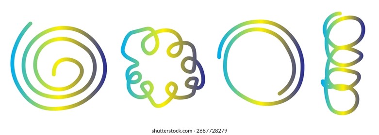 Quadros De Forma De Linha De Cor De Vetor. Bordas de gradiente de esboço desenhadas à mão em um plano de fundo branco. Quadros de criança engraçada de círculo abstrato.