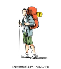Vector color line sketch of a mountain tourist