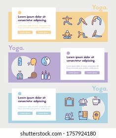 Colores vectoriales de icono lineal conjunto de estilo de vida de yoga. Esquema de colección de símbolos de asana, atención, meditación, higiene y nutrición, accesorios de práctica. Diseñar elemento de línea delgada para el sitio web