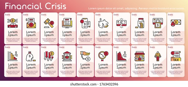 Ícono lineal de color vector de la crisis financiera conjunto de banners. Esquema del diseño de símbolos de pérdida de dinero, beneficios de pérdidas, tendencia de reducción, análisis de seguimiento, riesgo de economía. Elementos de línea delgada de la página web de plantilla