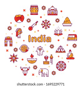 Vector color linear icon round set of India culture. Outline symbol collection of Buddha, Hinduism, temple architecture, traditions, culture, art concept. Banner design thin line element for website