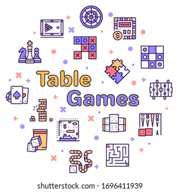 Vector color linear icon round set of Table games. Outline symbol collection of logic, strategy, gambling and board games concept. Foosball, billiards, chess. Banner design thin line element for web