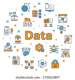 Vector color linear icon round set of Data concept. Outline symbol collection of datum analysis, search personal information, global connection concept. Banner design thin line element for website