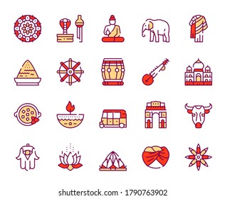 Vector color linear icon round set of India culture. Outline symbol collection of Buddha, Hinduism, temple architecture, traditions, culture, art concept. Banner design thin line element for website
