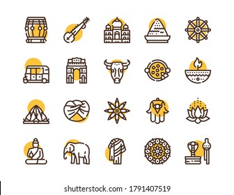 Vector color linear icon round set of India culture. Outline symbol collection of Buddha, Hinduism, temple architecture, traditions, culture, art concept. Banner design thin line element for website