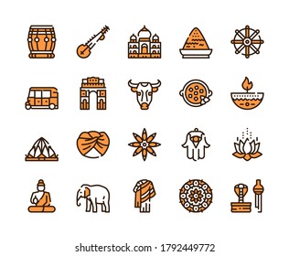 Vector color linear icon round set of India culture. Outline symbol collection of Buddha, Hinduism, temple architecture, traditions, culture, art concept. Banner design thin line element for website
