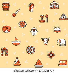 Vector color linear icon round set of India culture. Outline symbol collection of Buddha, Hinduism, temple architecture, traditions, culture, art concept. Banner design thin line element for website