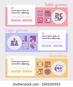 Vector color linear icon set Table games banner. Outline thin line symbol of foosball, billiards, chess, puzzles, gambling and board games concept. Website template, web page, landing page design