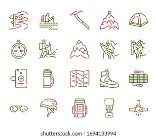 Vector color linear icon set of rock climbing. Outline symbol collection of alpinism, mountaineering, equipment, hiking, tourism, outdoor hobby concept. Modern thin line flat elements for website, app