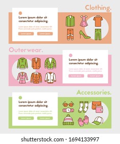 Vector color linear icon set of clothing banner. Outline thin line symbol collection of clothes, wardrobe, online boutique, clothing store concept. Website template, web page and landing page design