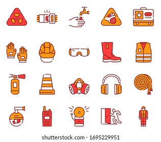 Vector color linear icon set of Safety tools. Outline symbol collection of safety equipment and supplies, warning sing, health protection concept. Modern thin line flat element for website, app