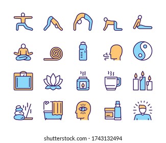 Vector color linear icon set of yoga lifestyle. Outline symbol collection of health care, asana, meditation, aromatherapy, spa, relaxation concept. Modern thin line flat elements for website template