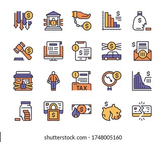 Vector color linear icon set of financial crisis, economy risk. Modern thin line elements of bankruptcy, broken piggy bank, tax or debt payment, loss of money, internet banking, business losses