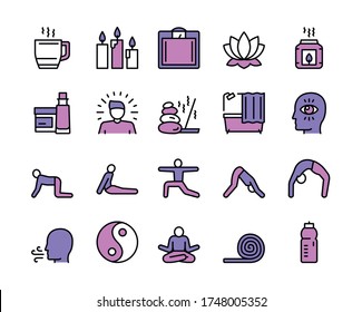 Vector color linear icon set of yoga and asana. Modern thin line elements healthy lifestyle, body care, hygiene, natural nutrition, aromatherapy, meditation, breathing, physical and mental energy