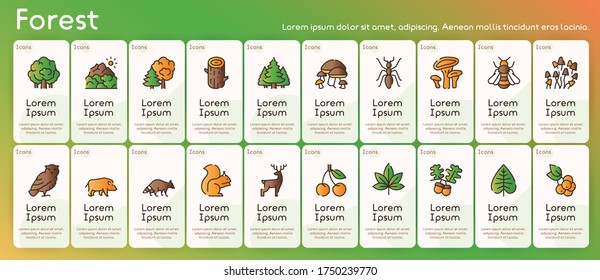 Vector color linear icon set of forest. Outline symbol collection of wildlife animals, nature concept. Trees, mountains, mushrooms, plants, owl, wild boar, raccoon, squirrel and isolated object