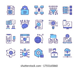 Vector Color Linear Icon Set Of Data. Outline Symbol Collection Of Datum Analysis, Charts, Graphs, Traffic, Big Data, Reports Statistics, Global Connection, Online Communication, Personal Information