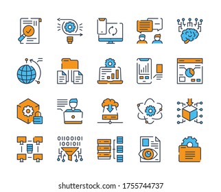 Vector color linear icon set of data. Outline symbol collection of datum analysis, charts, graphs, traffic, Big Data, reports statistics, global connection, online communication, personal information