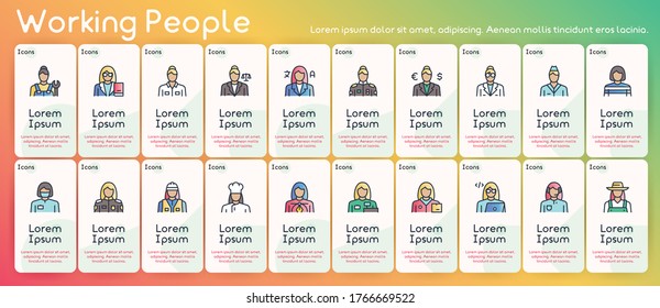 Vector color linear icon set of workers women. Outline symbol collection of different female professions concept. Judge, operator, plumber, teacher, policewoman, engineer, mechanic, farmer, designer