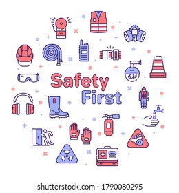 Vector color linear icon set of Safety tools. Outline symbol collection of safety equipment and supplies, warning sing, health protection concept. Modern thin line flat element for website, app