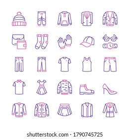 Vector color linear icon set of clothing and accessory. Outline symbol collection of clothes, fashion, wardrobe, online boutique, clothing store concept. Modern thin line flat element for website, app