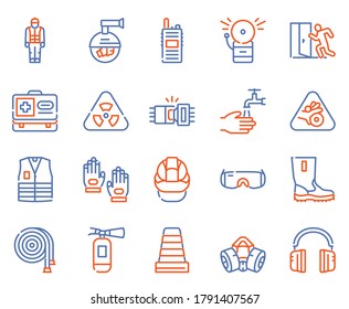 Vector color linear icon set of Safety tools. Outline symbol collection of safety equipment and supplies, warning sing, health protection concept. Modern thin line flat element for website, app