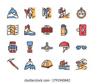 Vector color linear icon set of climbing and hiking. Modern thin line symbol collection of alpinism, mountaineering, equipment, tourism, outdoor hobby concept. Outline flat elements for website, app