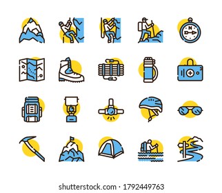 Vector color linear icon set of climbing and hiking. Modern thin line symbol collection of alpinism, mountaineering, equipment, tourism, outdoor hobby concept. Outline flat elements for website, app