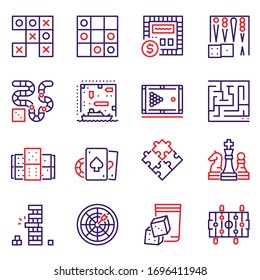 Vector color linear icon Table games set. Outline symbol collection of foosball, billiards, chess, tic tac toe, puzzle, gambling and board games concept. Modern thin line flat element for website, app