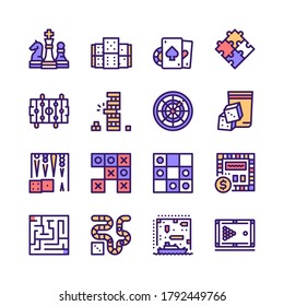 Vector color linear icon Table games set. Outline symbol collection of foosball, billiards, chess, tic tac toe, puzzle, gambling and board games concept. Modern thin line flat element for website, app