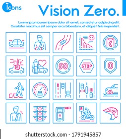 Vector Color Linear Icon Vision Zero Set. Outline Symbol Collection Of Road Safety, Traffic Accident, Statistic, Rules, Speed Limit, Zero Injury Concept. Modern Thin Line Flat Element For Website, App