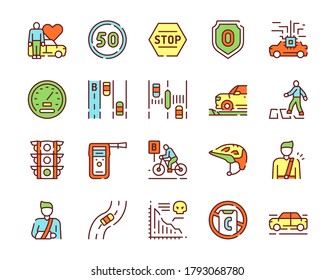 Vector color linear icon Vision Zero set. Outline symbol collection of road safety, traffic accident, statistic, rules, speed limit, zero injury concept. Modern thin line flat element for website, app