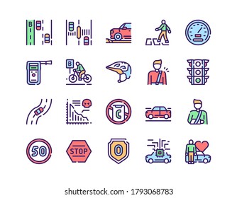 Vector color linear icon Vision Zero set. Outline symbol collection of road safety, traffic accident, statistic, rules, speed limit, zero injury concept. Modern thin line flat element for website, app