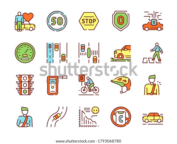 Vector color linear icon Vision Zero set. Outline\
symbol collection of road safety, traffic accident, statistic,\
rules, speed limit, zero injury concept. Modern thin line flat\
element for website,\
app