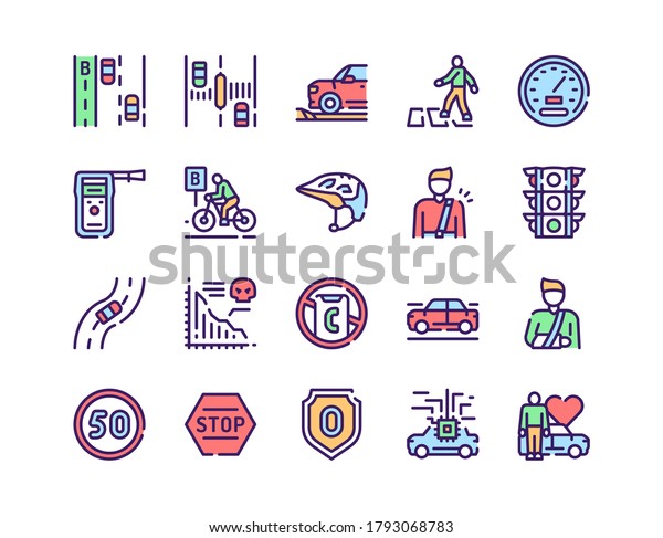 Vector color linear icon Vision Zero set. Outline\
symbol collection of road safety, traffic accident, statistic,\
rules, speed limit, zero injury concept. Modern thin line flat\
element for website,\
app